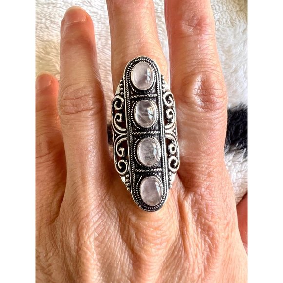 Handmade Jewelry - 925 Four Stone Rose Quartz Shield Ring 7 1/4